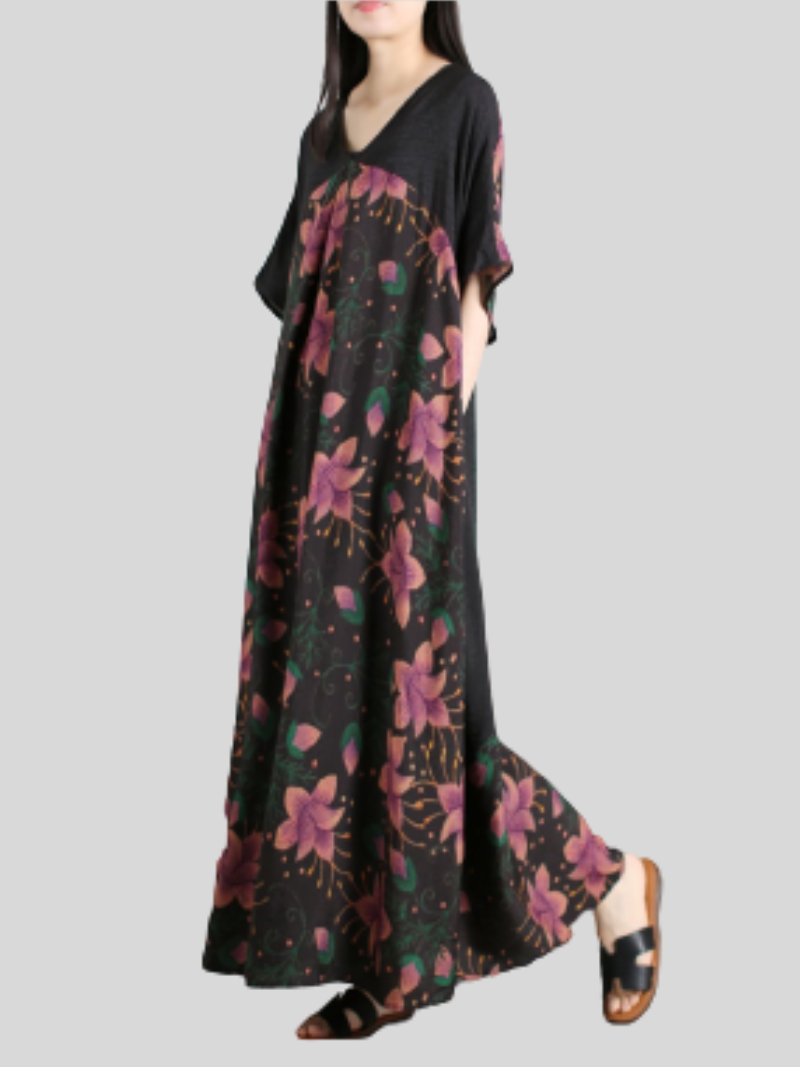 Pink V-Neck Floral Print Short Sleeve Loose Maxi Dress