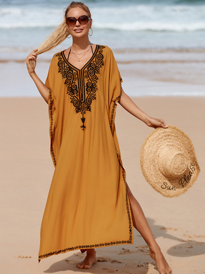 Yellow V-Neck Embroidered Side Slit Kaftan Maxi Dress 2