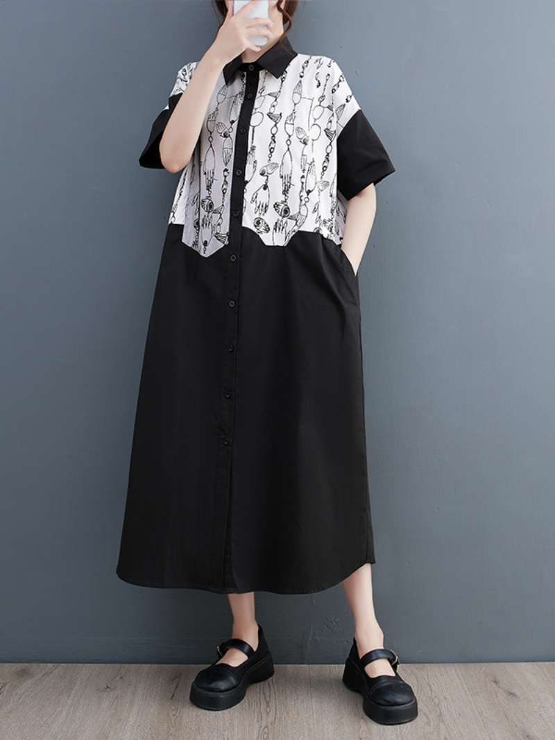 Collared Button Front Abstract Print Short Sleeve Shirt Midi Dress 4
