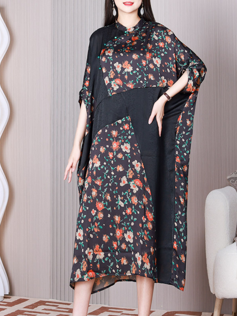 Black Stand Collar Ditsy Floral Print Batwing Sleeve Loose Midi Dress