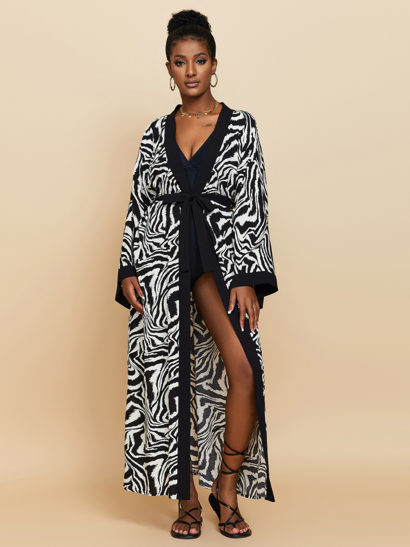 Zebra Print Contrast Trim Tie Waist Long Kimono