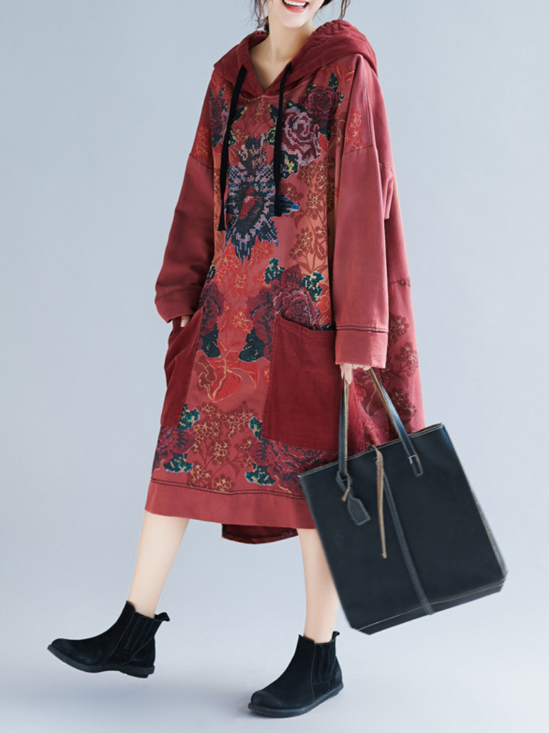 Hooded Floral Print Patchwork Pocket Oversized Sweatshirt Dress 3