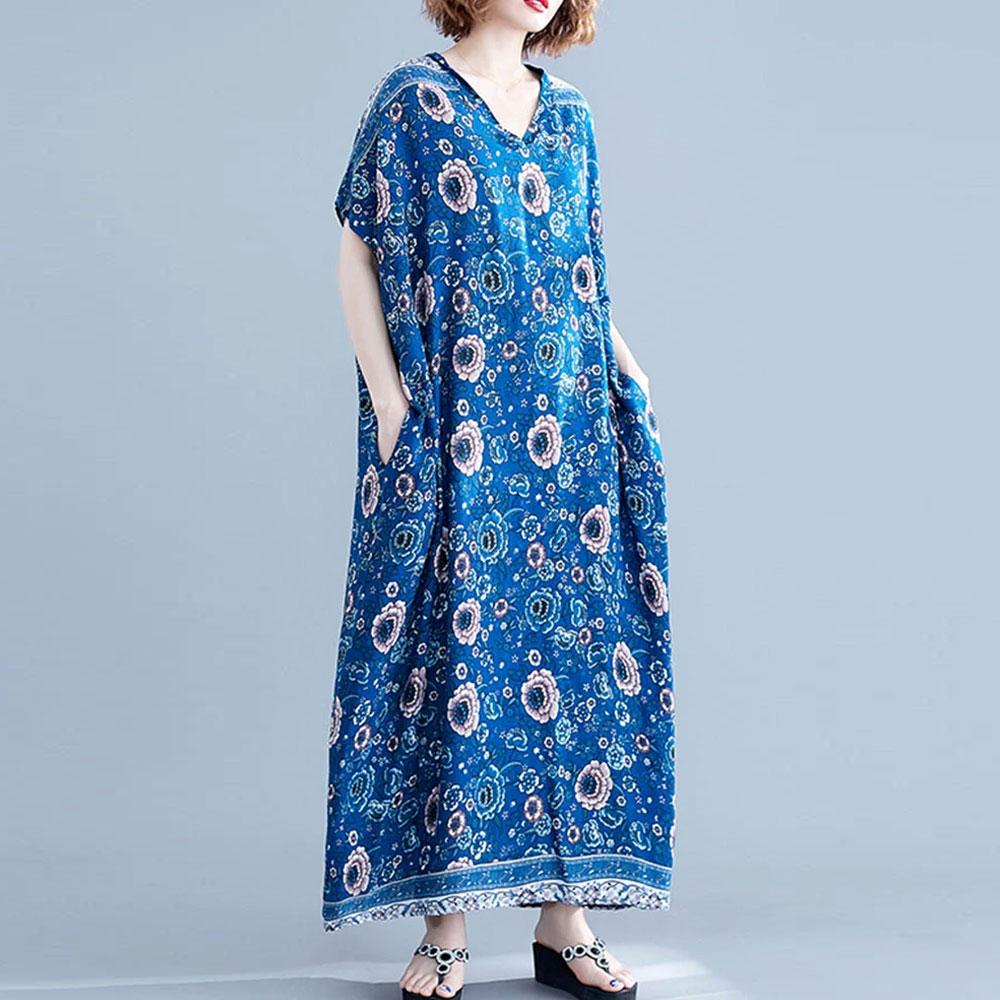 Blue V-Neck Floral Print Batwing Sleeve Loose Kaftan Maxi Dress 2