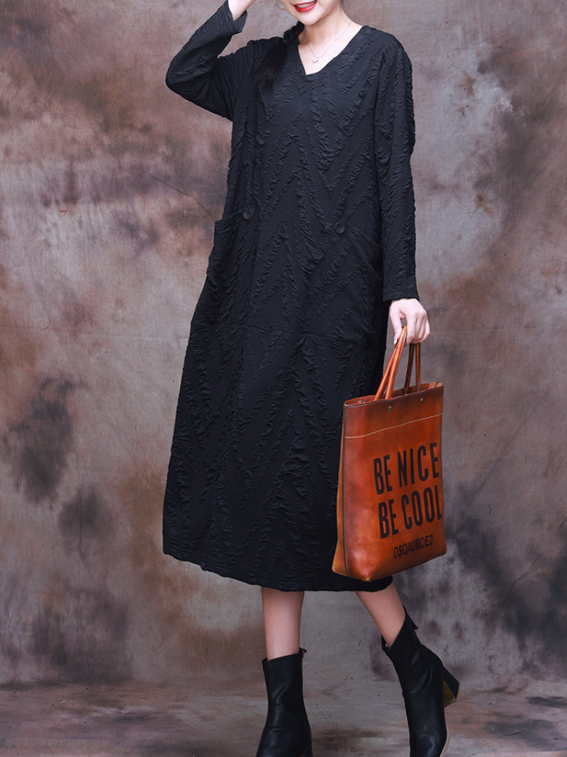 V-Neck Textured Long Sleeve Pocket Loose Midi Dress 5