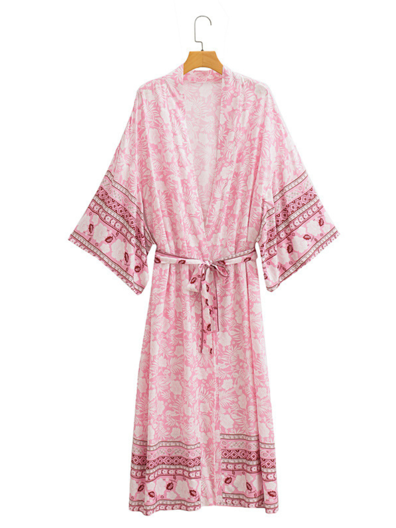 Floral Border Print Bohemian Belted Short Kimono Robe 4