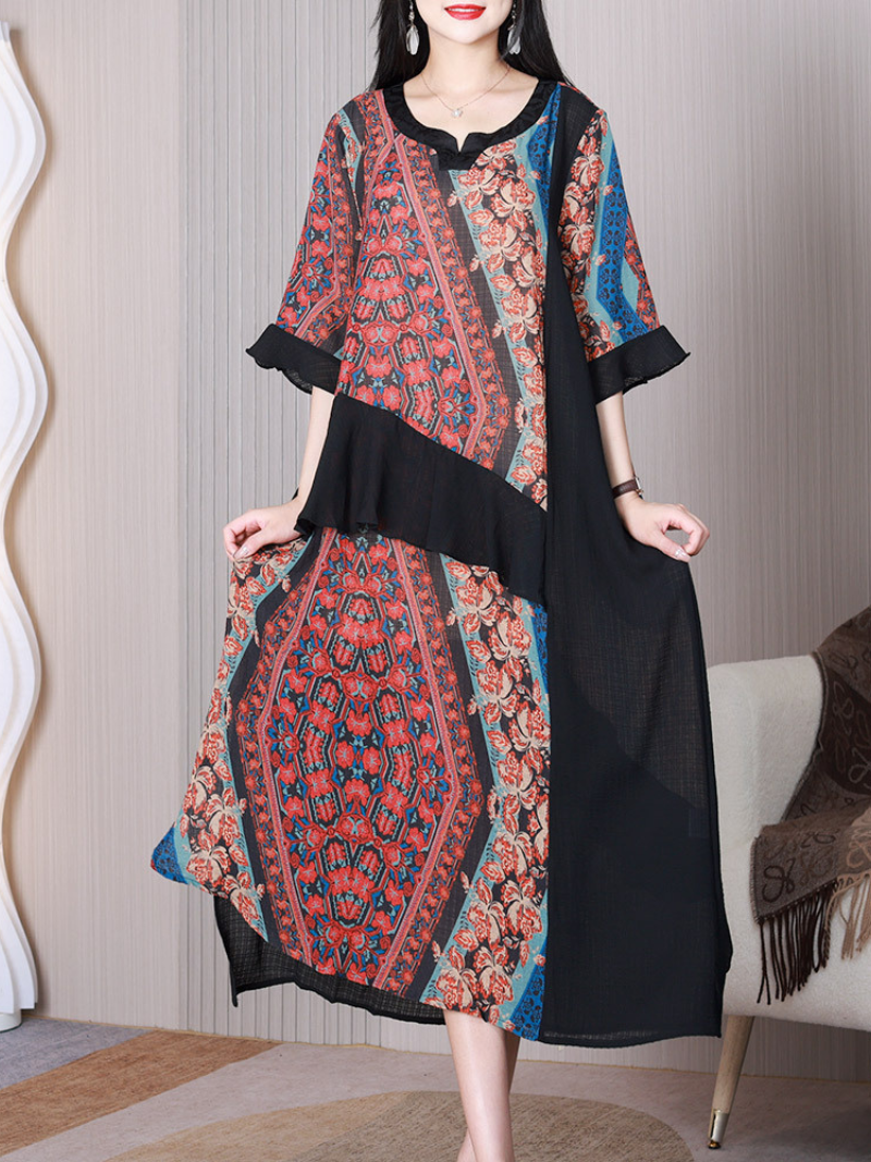 Red Notch Neck Floral Print Patchwork Asymmetric A-Line Midi Dress 2