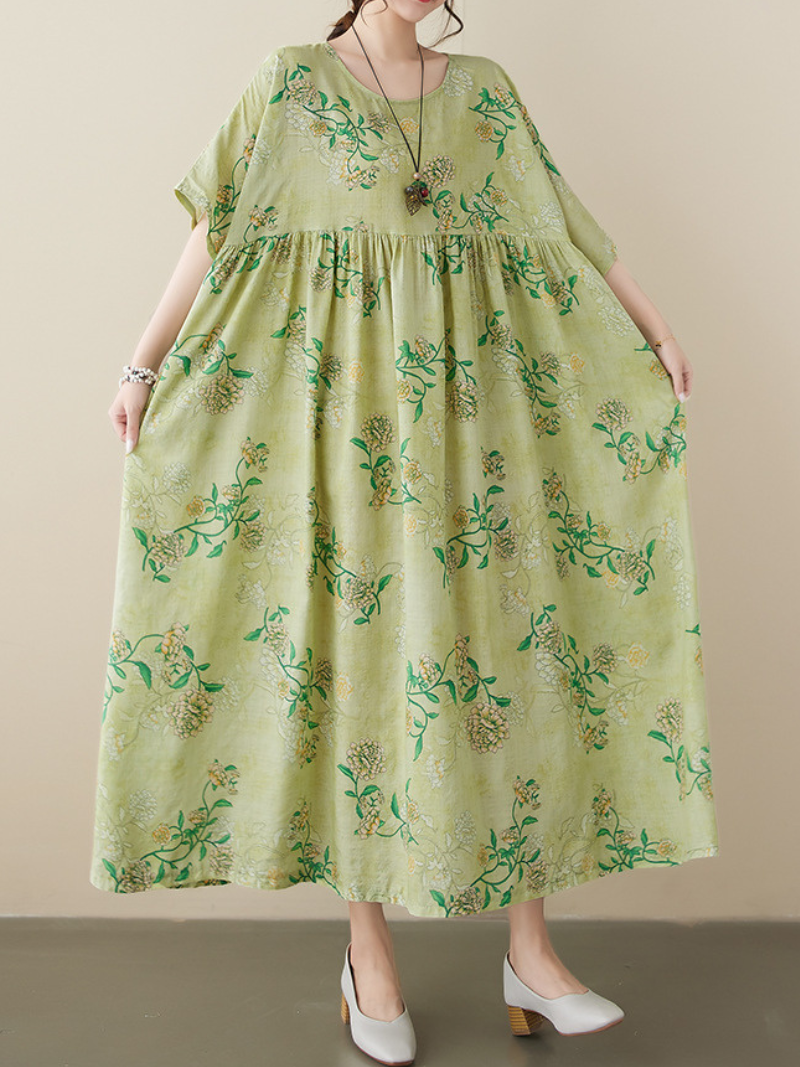 Green Round Neck Short Sleeve Ditsy Floral Smock Midi Dress