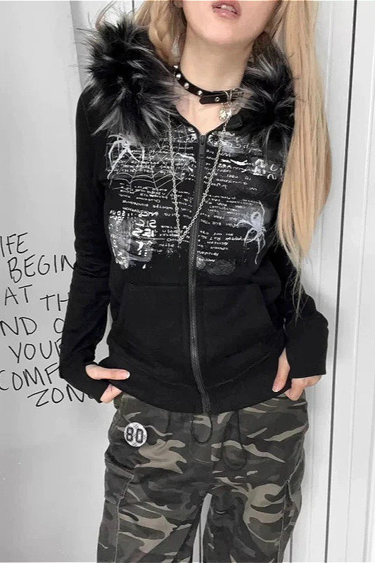 Y2K Faux Fur Collar Rhinestone Zip-Up Hoodie