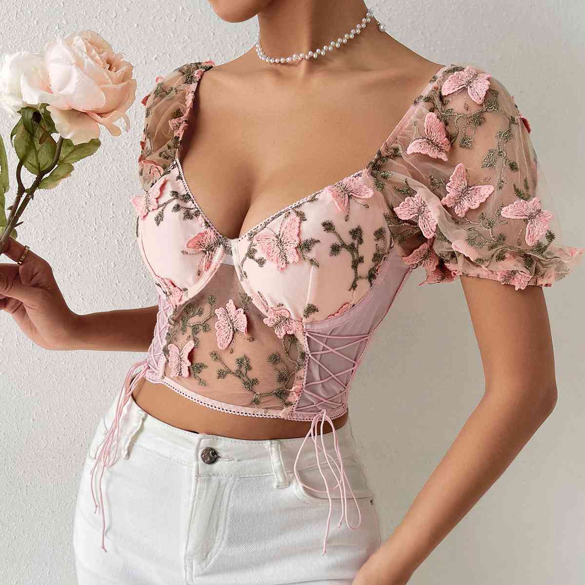 Butterfly Whispers Embroidery Charming Mesh Corset Top