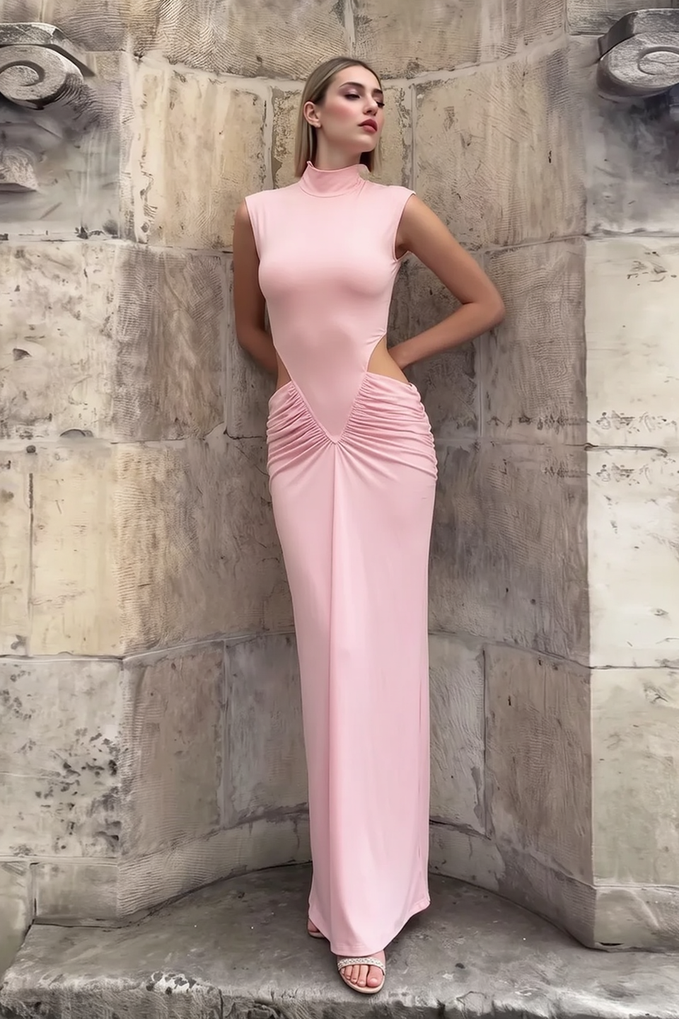Ruched High Neck Cutout Bodycon Party Dress