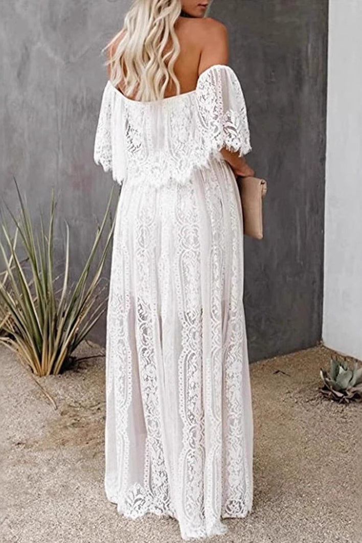 White Off Shoulder Ruffle Overlay Lace Panel Sheer Hem Maxi Dress 2