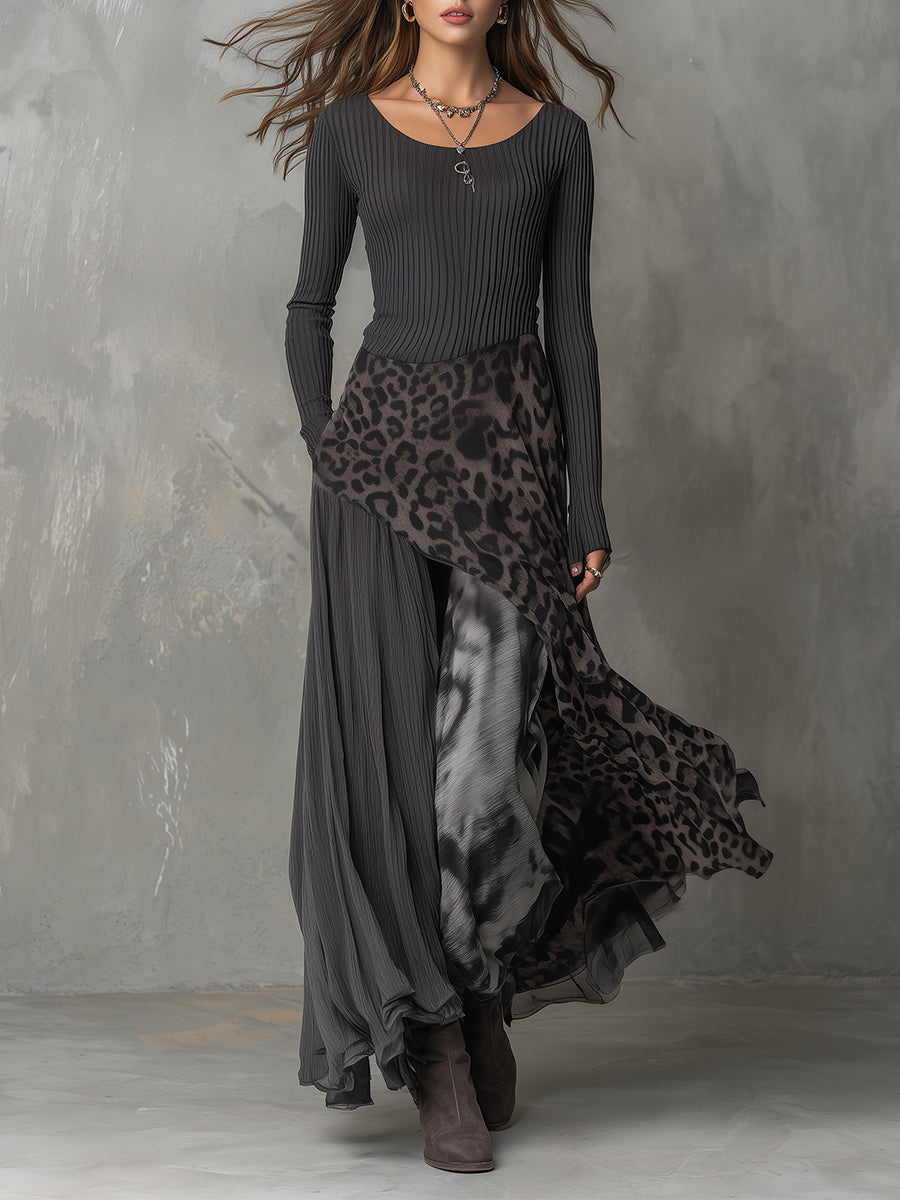 Grey Long Sleeve Ribbed Knit Leopard Chiffon Asymmetric Maxi Skirt Set
