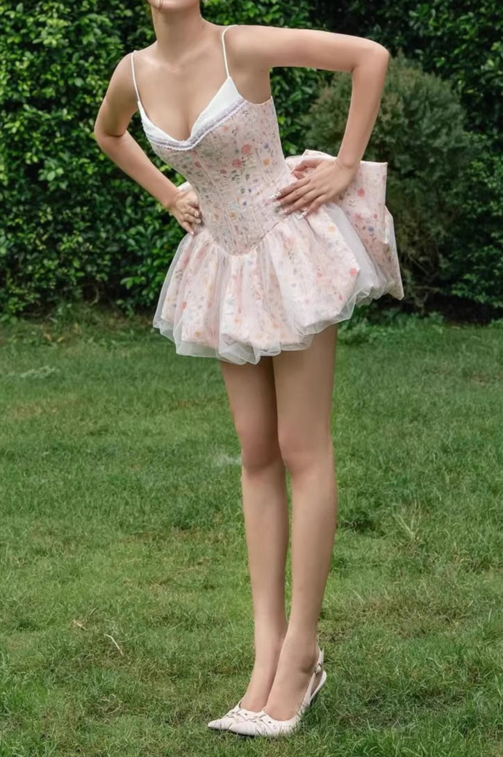 Pink Spaghetti Strap Corset Lace Trim Bubble Skirt Bow Back Mini Dress 4