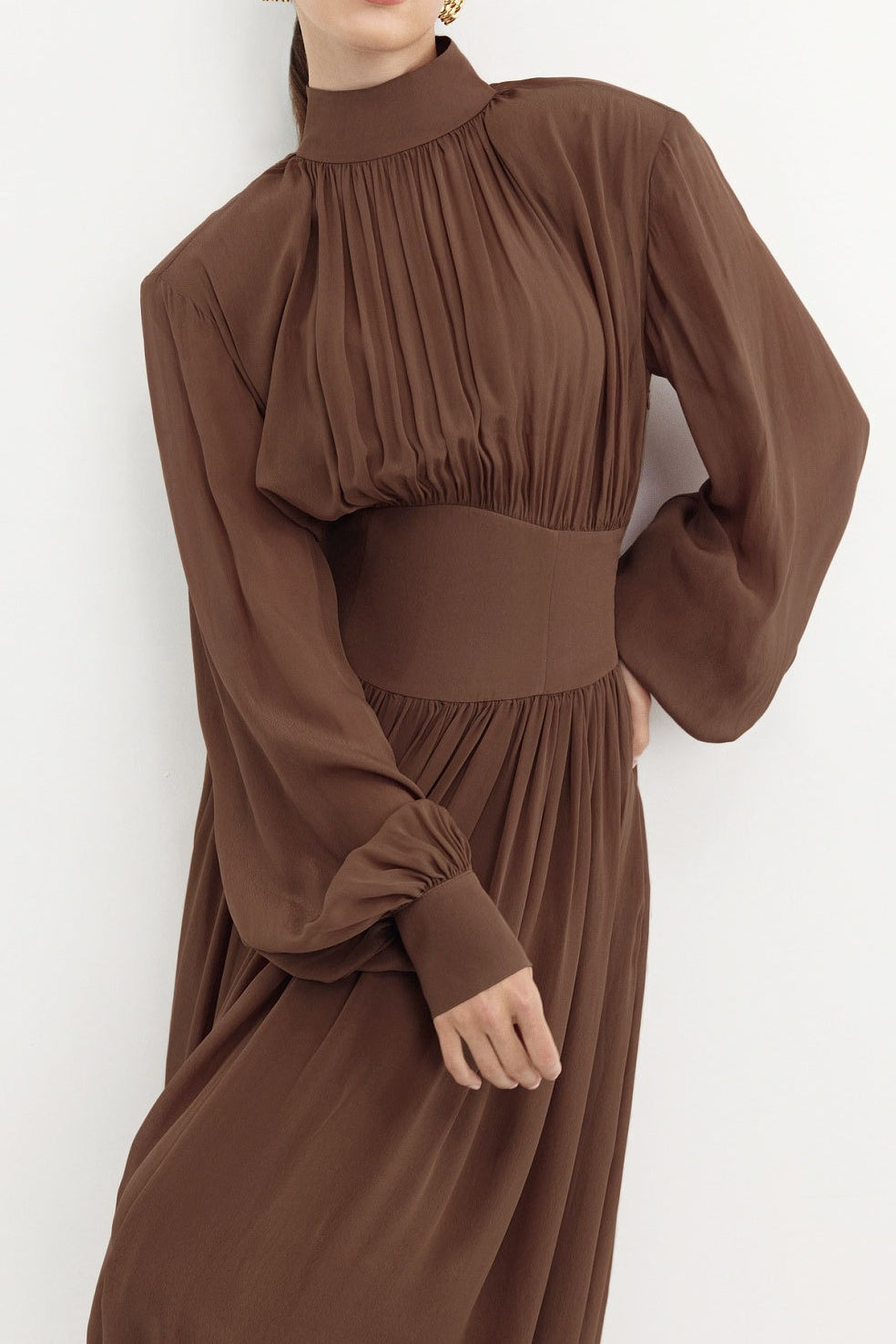 Chiffon Puff Sleeve Ruched Midi Dress