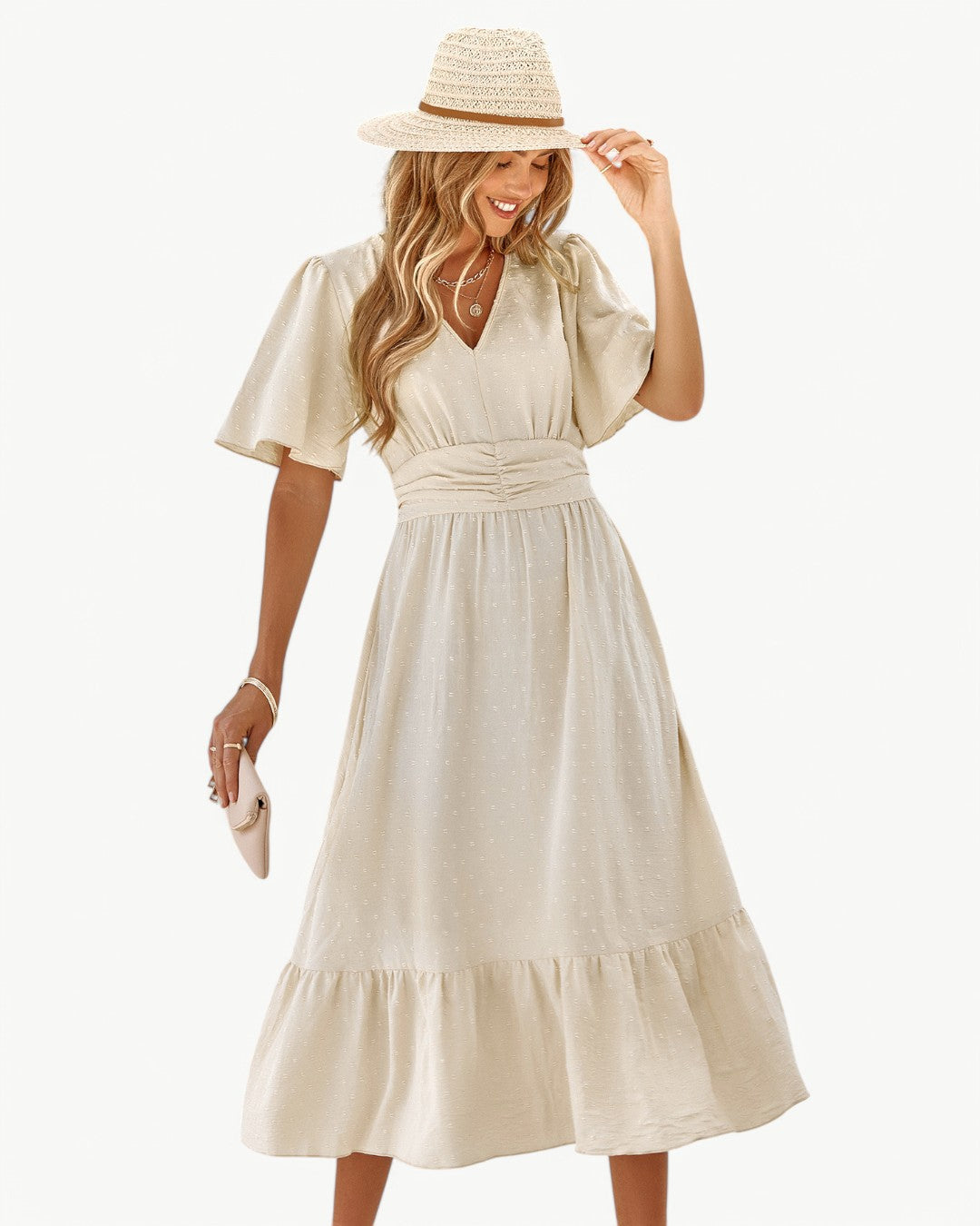 V-Neck Swiss Dot Flutter Sleeve Ruched Waist Tiered Midi Dress 4