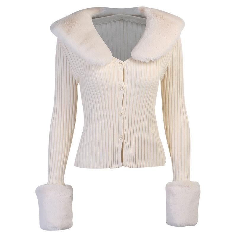 Faux Fur Collar Ribbed Knit Cropped Cardigan