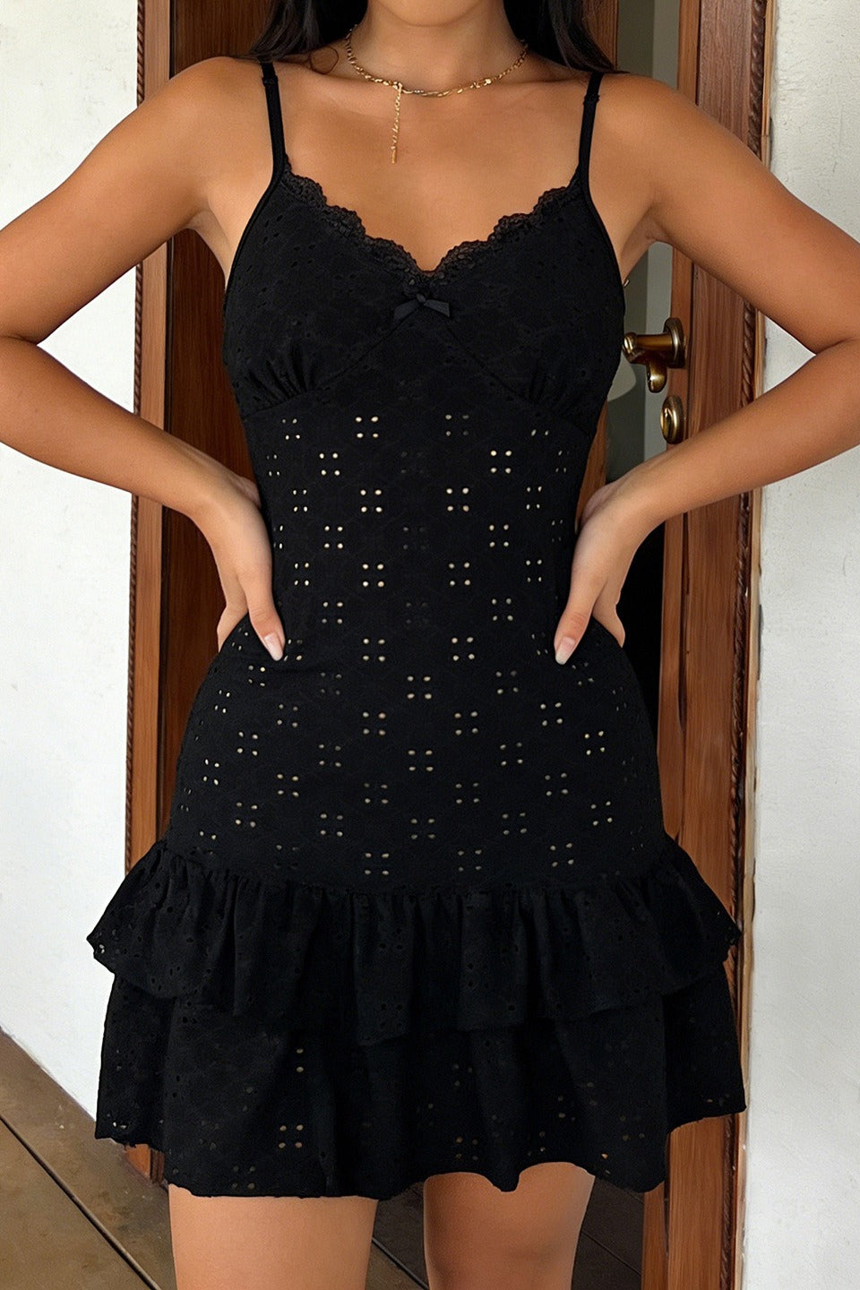 Lace Panel Cutout V Neck Bow Tiered Slip Dress