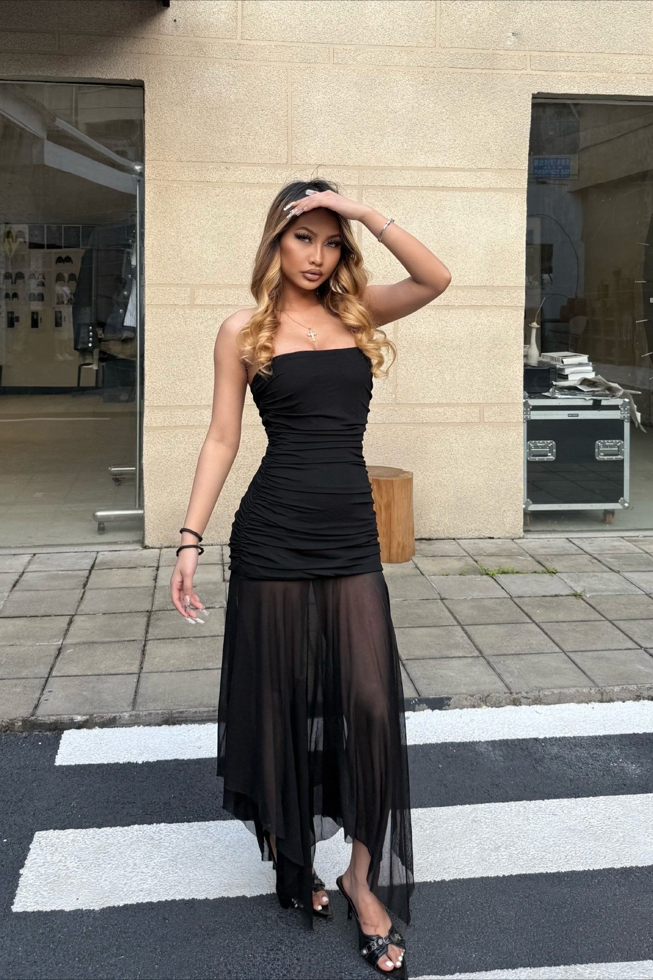 Solid Strapless Mesh Panel Party Dress