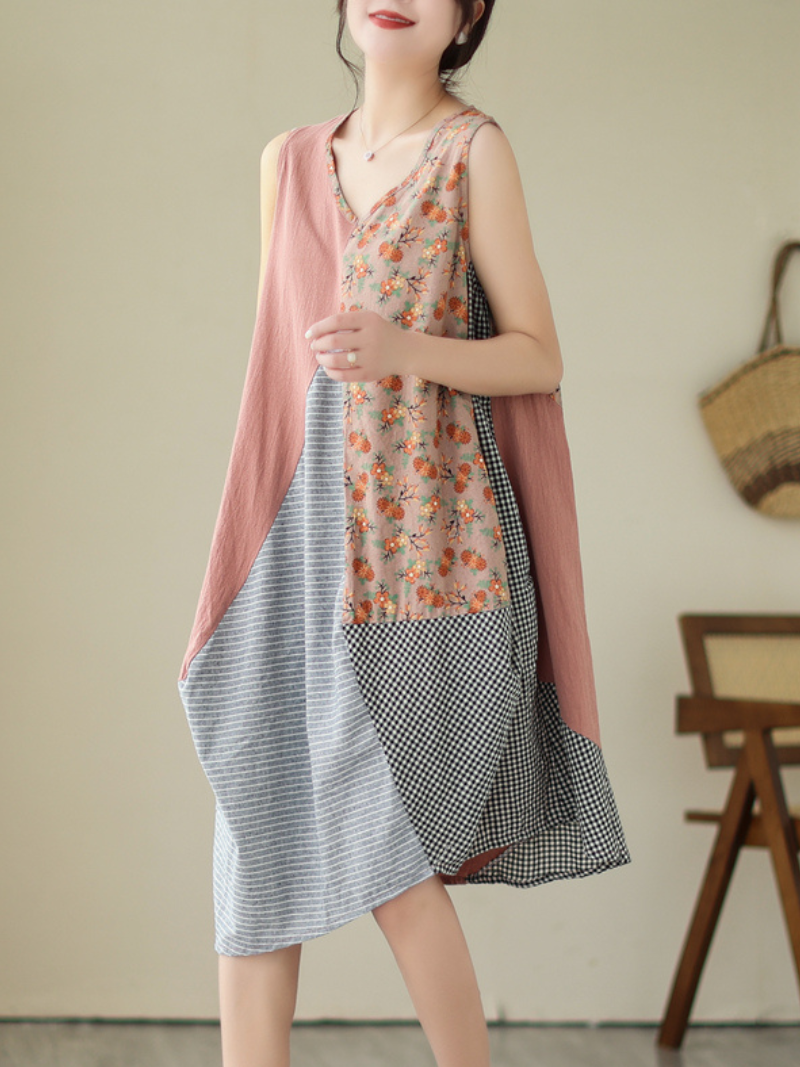 V-Neck Sleeveless Plaid Patchwork Cotton A-Line Midi Dress