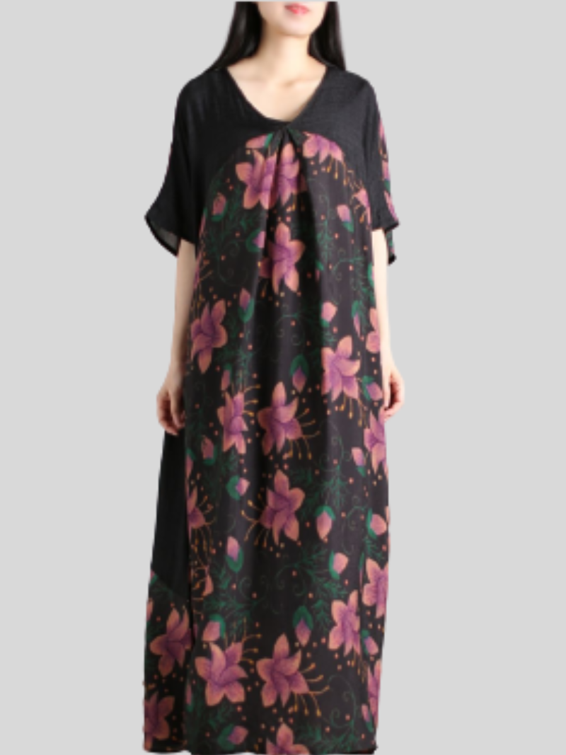 Pink V-Neck Floral Print Short Sleeve Loose Maxi Dress