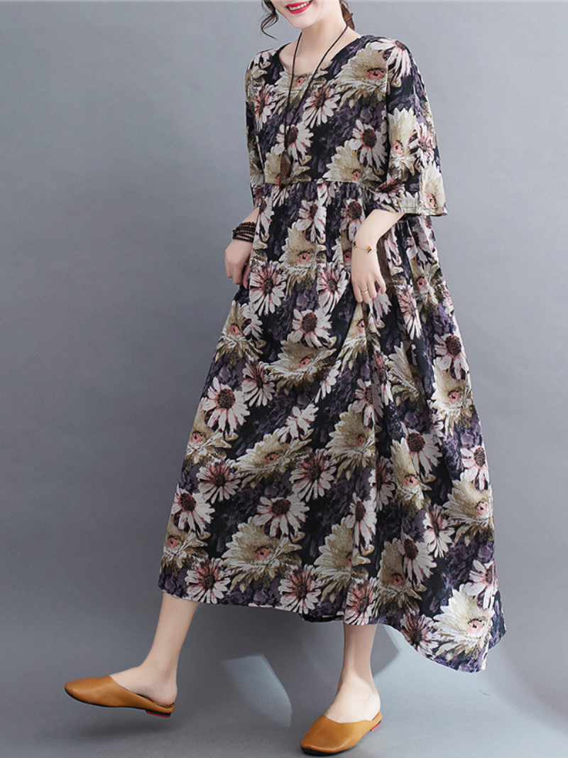 Round Neck Half Sleeve Daisy Floral Print Smock Maxi Dress 6