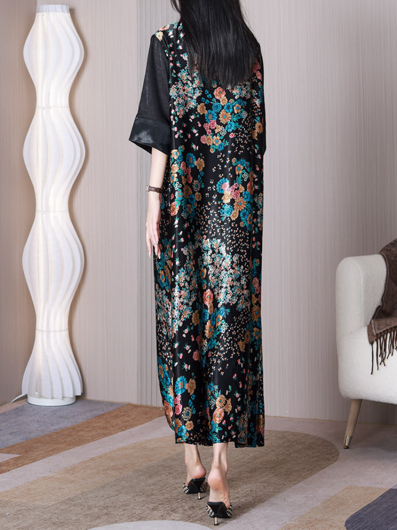 Notch Square Neck Floral Print Half Sleeve Loose A-Line Maxi Dress