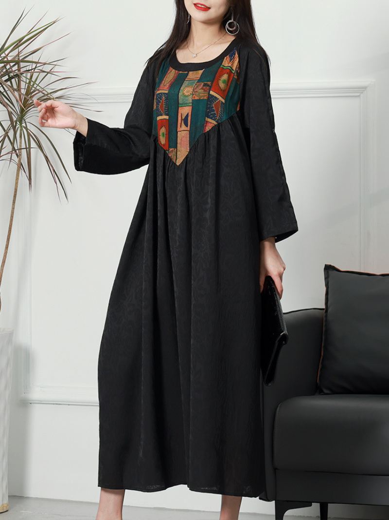 Round Neck Printed Yoke Half Sleeve Jacquard A-Line Maxi Dress 2