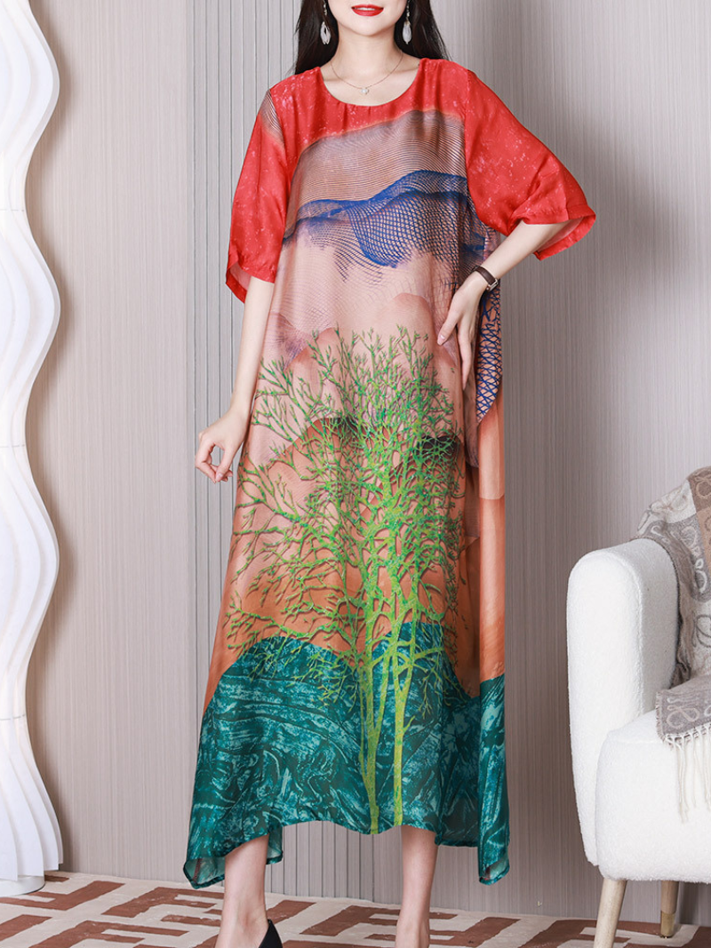 Round Neck Tree Print Half Sleeve Loose Silk Maxi Dress