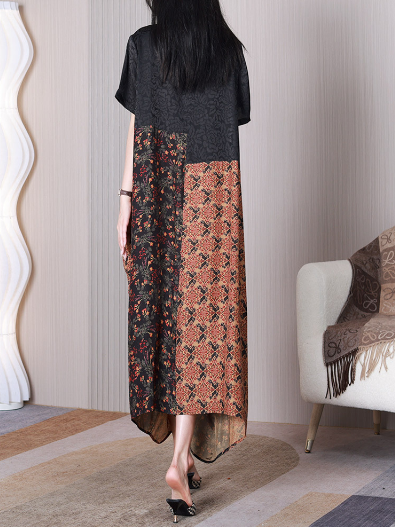 Black V-Neck Floral Patchwork Short Sleeve Asymmetric A-Line Midi Dress 4