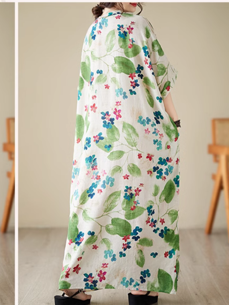 V-Neck Watercolor Floral Short Sleeve Loose Kaftan Maxi Dress 7