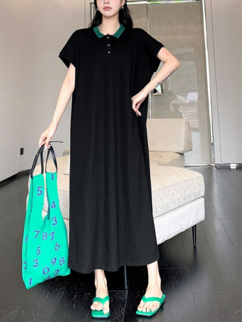 Polo Collar Button Short Sleeve Loose A-Line Maxi Dress
