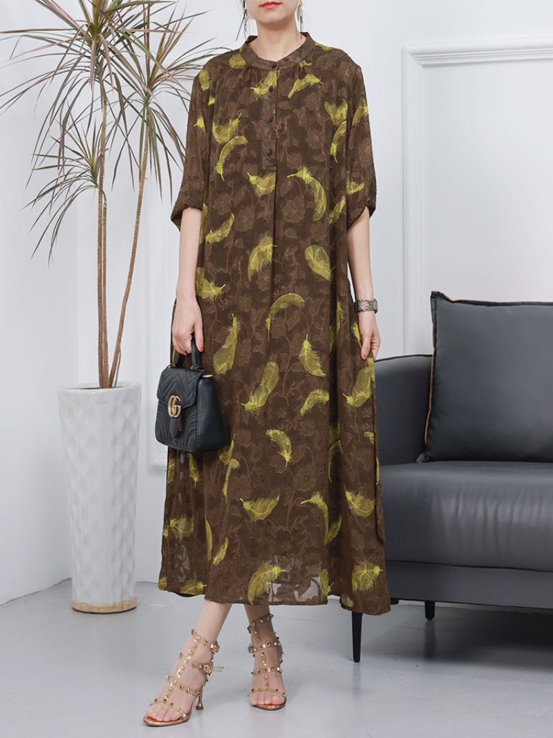 Stand Collar Half Sleeve Feather Print Loose Maxi Dress 2