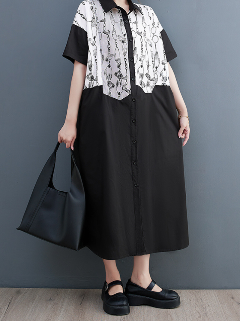 Collared Button Front Abstract Print Short Sleeve Shirt Midi Dress 5