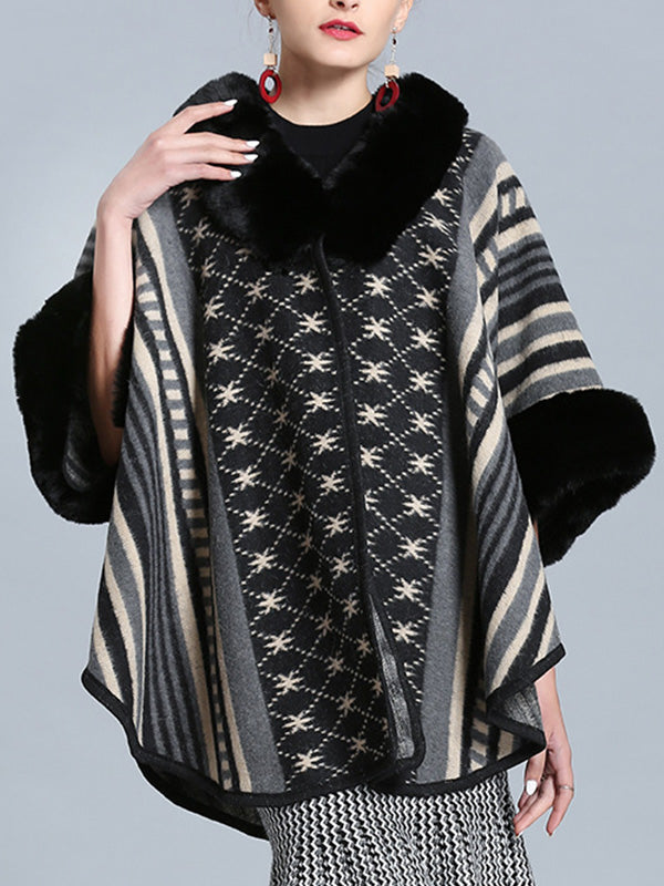 Faux Fur Collar Striped Aztec Print Cape Cardigan 13