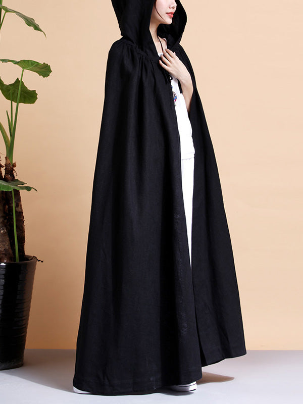 Hooded Open Front Linen Long Cape Coat
