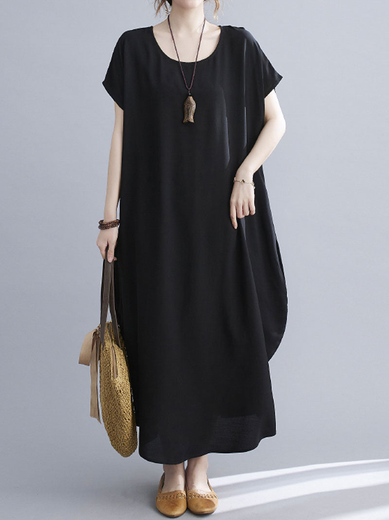 Round Neck Short Sleeve Loose Cocoon Maxi Dress 31