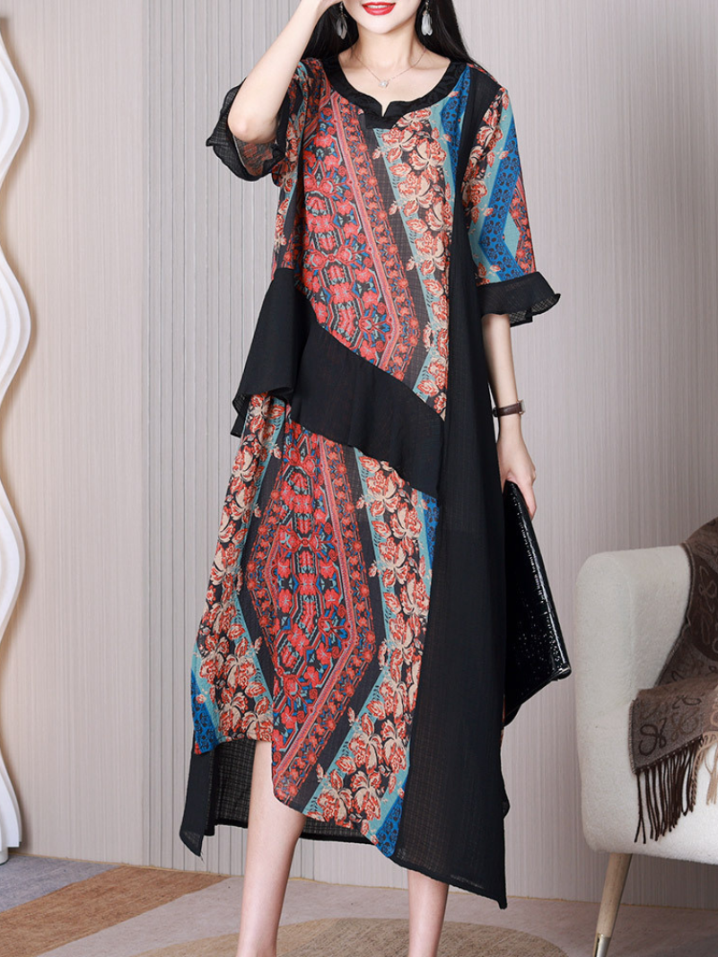 Red Notch Neck Floral Print Patchwork Asymmetric A-Line Midi Dress