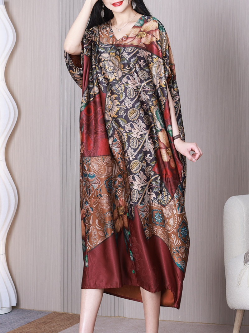 Red V-Neck Floral Print Batwing Sleeve Loose A-Line Midi Dress
