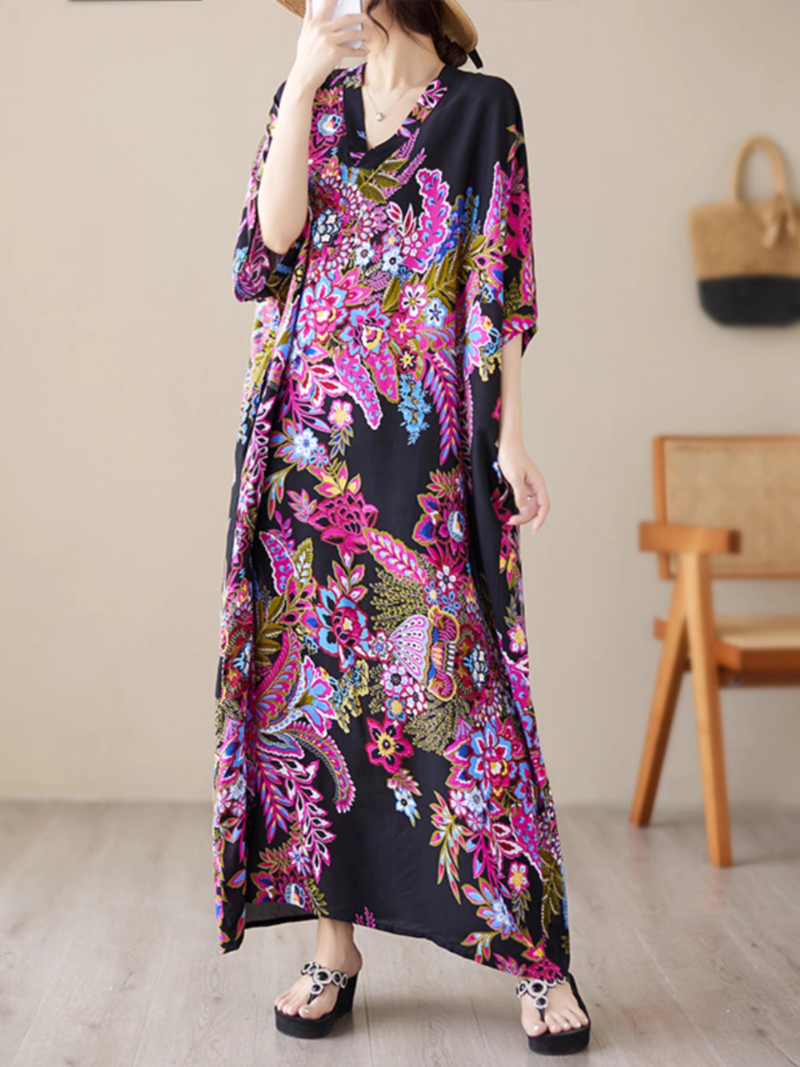 V-Neck Floral Paisley Print Batwing Sleeve Kaftan Maxi Dress 5