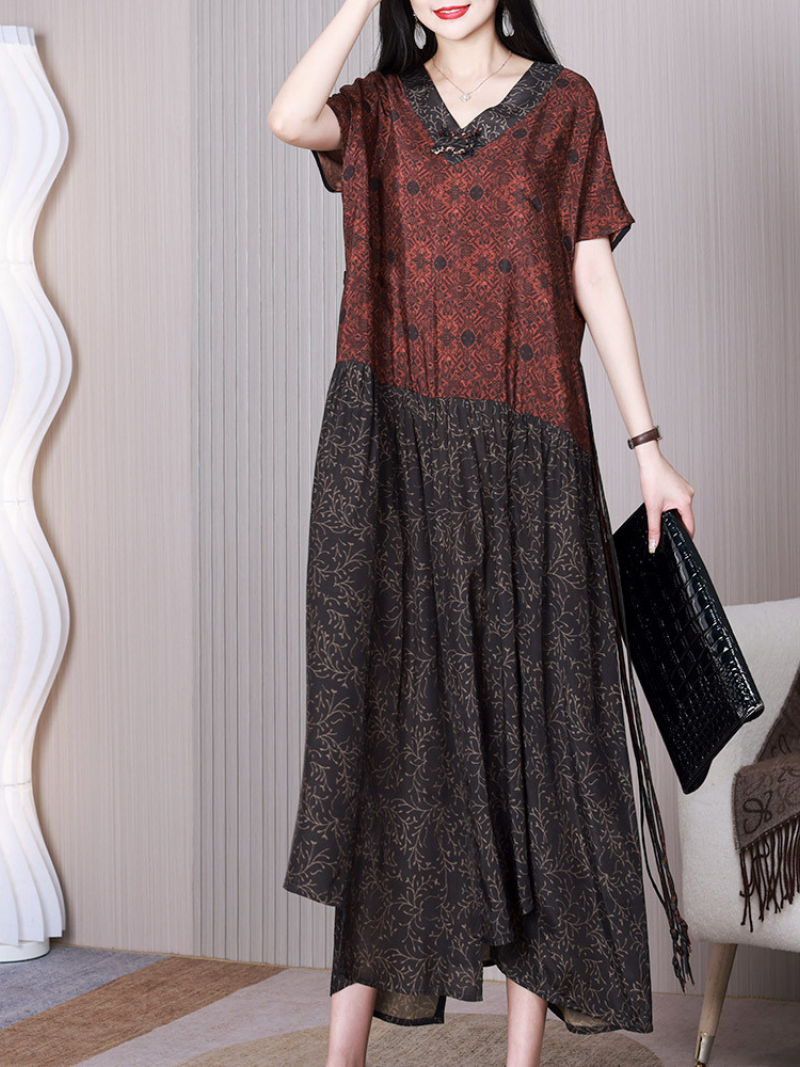 Red V-Neck Patchwork Floral Print Short Sleeve Pleated A-Line Maxi Dress 2