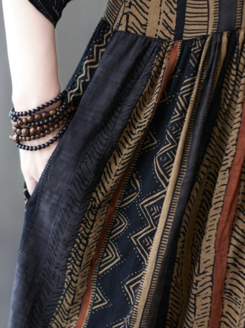 Multi Color Round Neck Ethnic Stripe Print Pleated Smock Cotton Midi Dress
