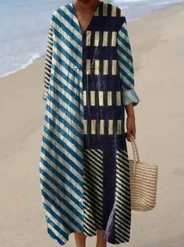 Split V-Neck Long Sleeve Floral Medallion Print Shift Maxi Dress 4