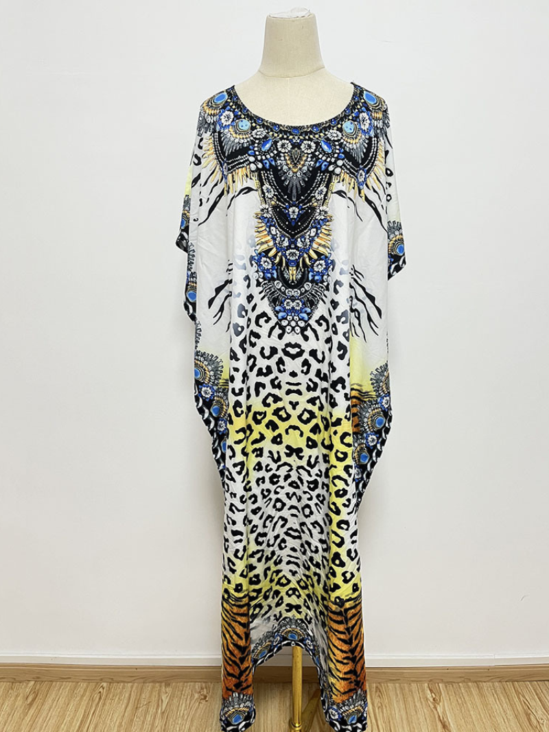 Round Neck Leopard Baroque Print Short Sleeve Loose Kaftan Maxi Dress