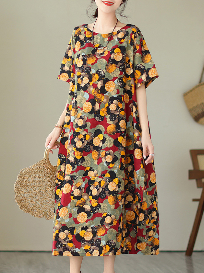 Yellow Round Neck Short Sleeve Floral Dot Print Loose Midi Dress