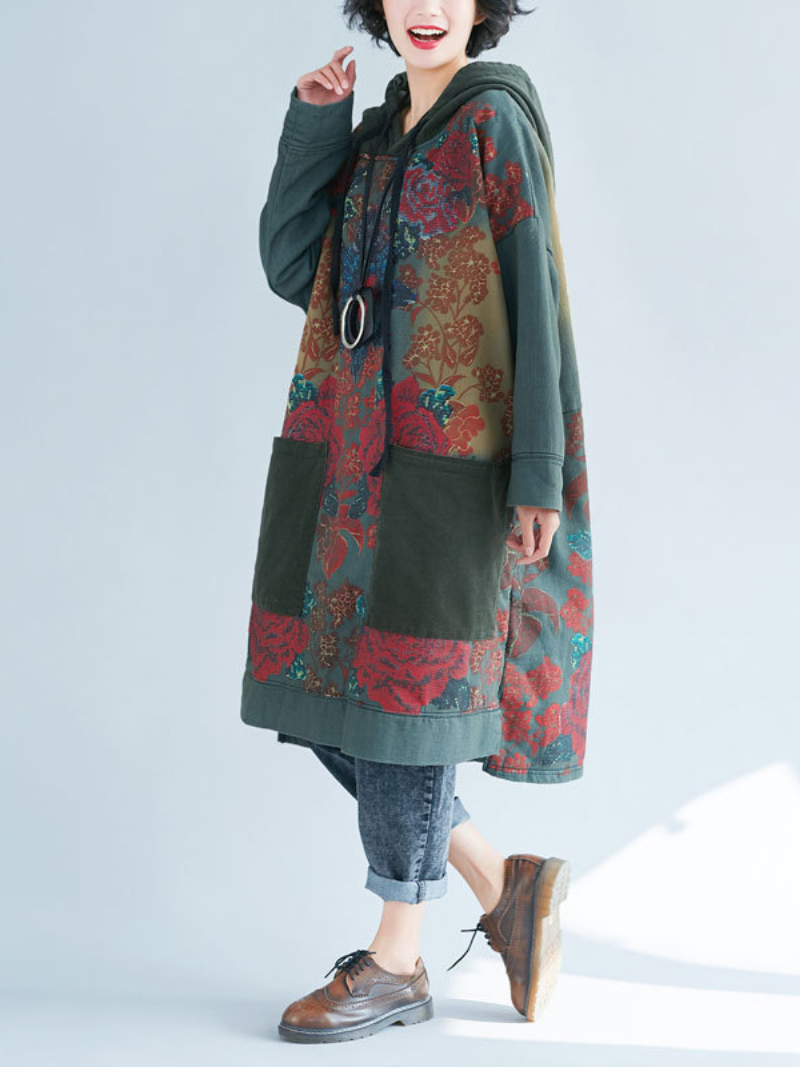 Hooded Floral Print Patchwork Pocket Oversized Sweatshirt Dress 4