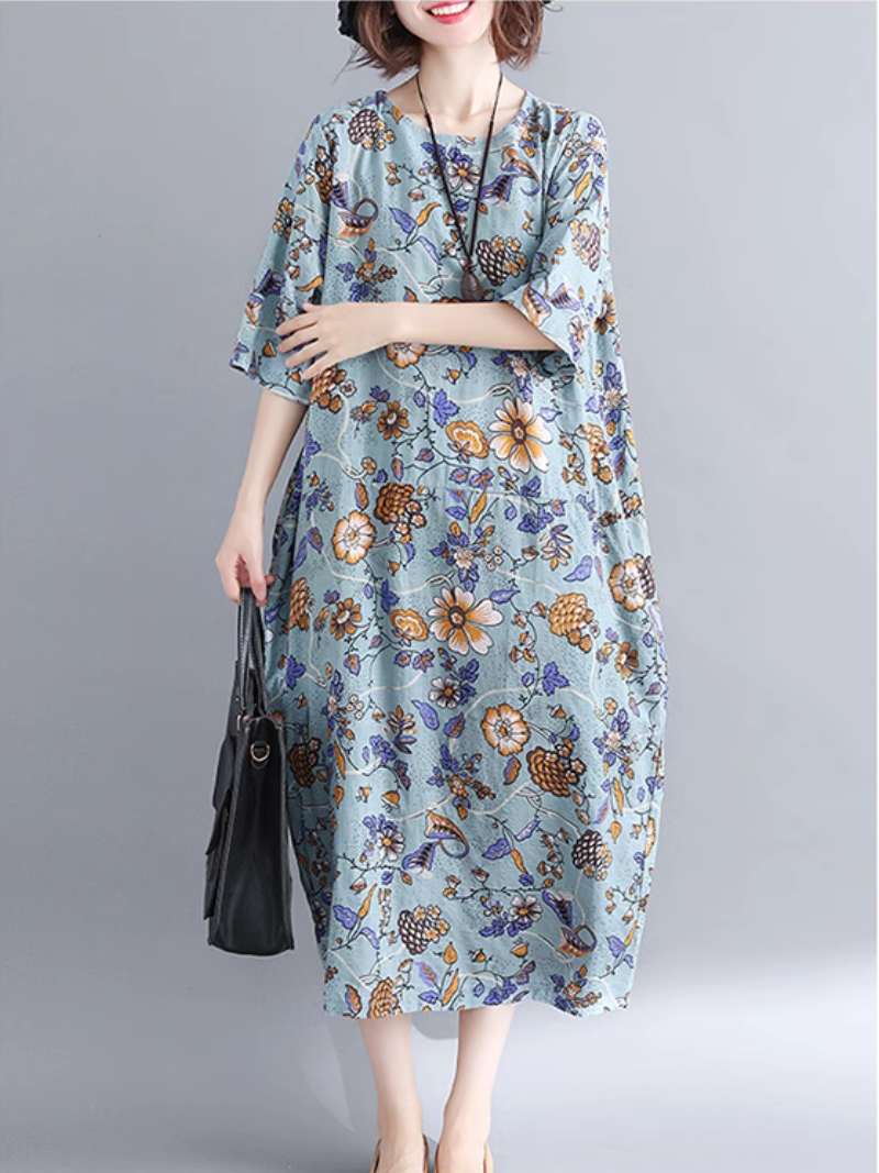 Round Neck Ditsy Floral Short Sleeve Loose Cotton Midi Dress 3