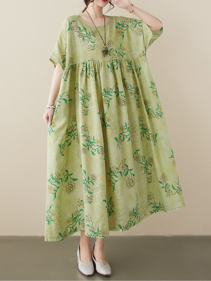 Green Round Neck Short Sleeve Ditsy Floral Smock Midi Dress