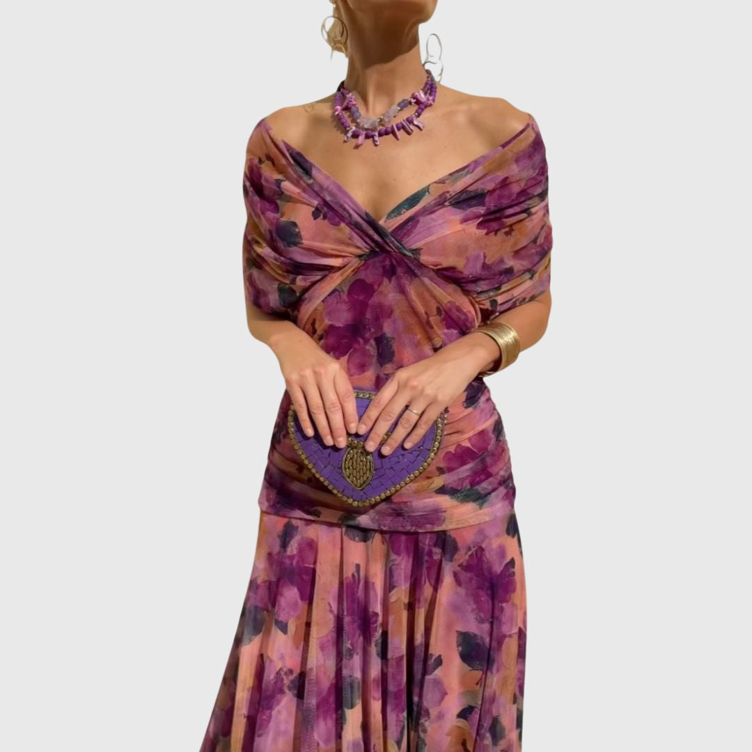 Off-Shoulder Twist Front Floral Chiffon Draped Flowy Maxi Dress