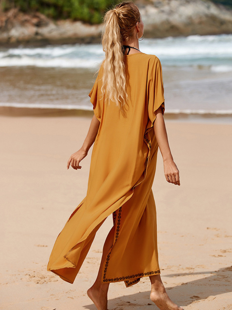 Yellow V-Neck Embroidered Side Slit Kaftan Maxi Dress 3