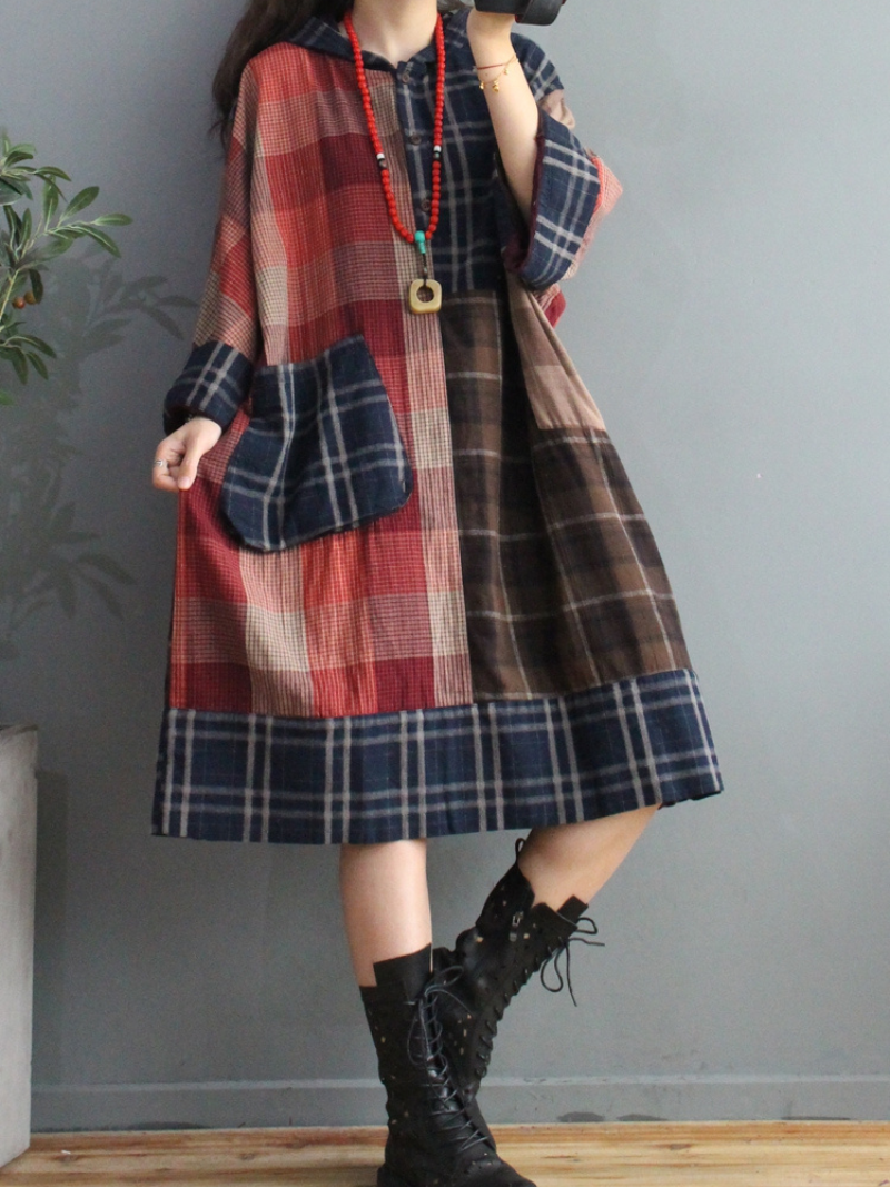 Hooded Long Sleeve Plaid Patchwork Patch Pocket Loose Midi Dress
